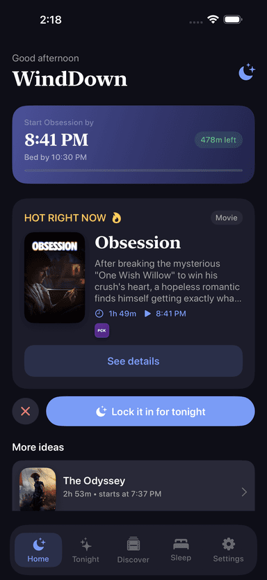 WindDown home screen showing tonight's start time